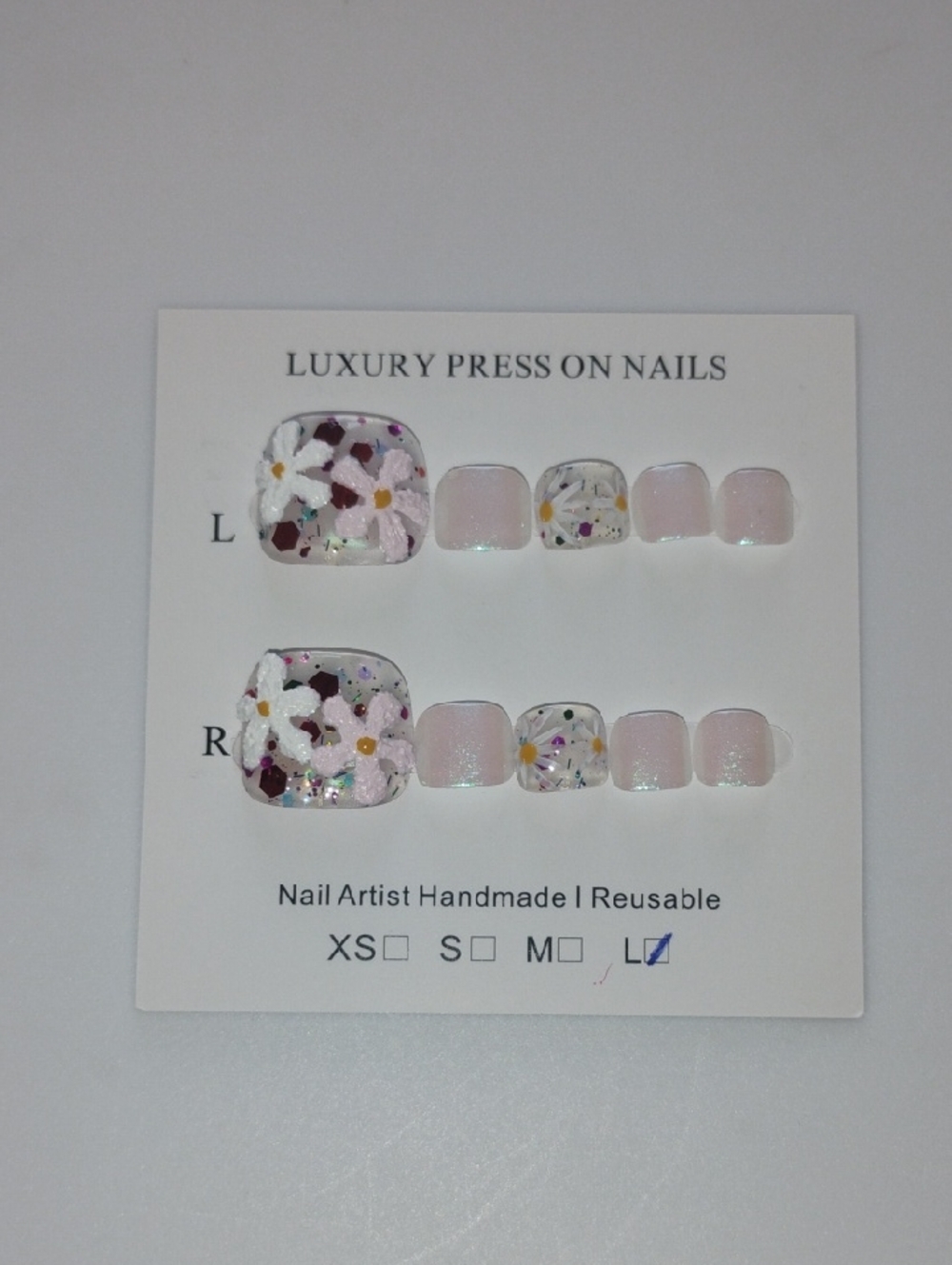 Luxury Handmade Press-On Toenails in Pale Pink with Floral Accent